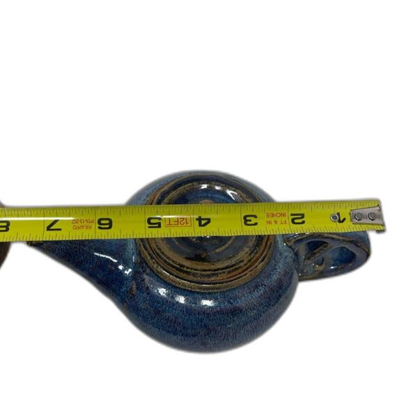 Studio Art Pottery RUSTIC Blue High GLAZE Teapot With Unique Handle Signed - Picture 9 of 10